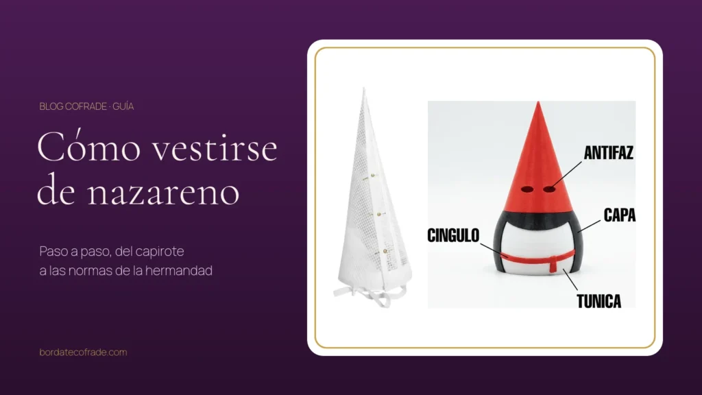 Capirote de rejilla para nazareno junto a un mini nazareno con las piezas del traje señaladas: antifaz, capa, cíngulo y túnica