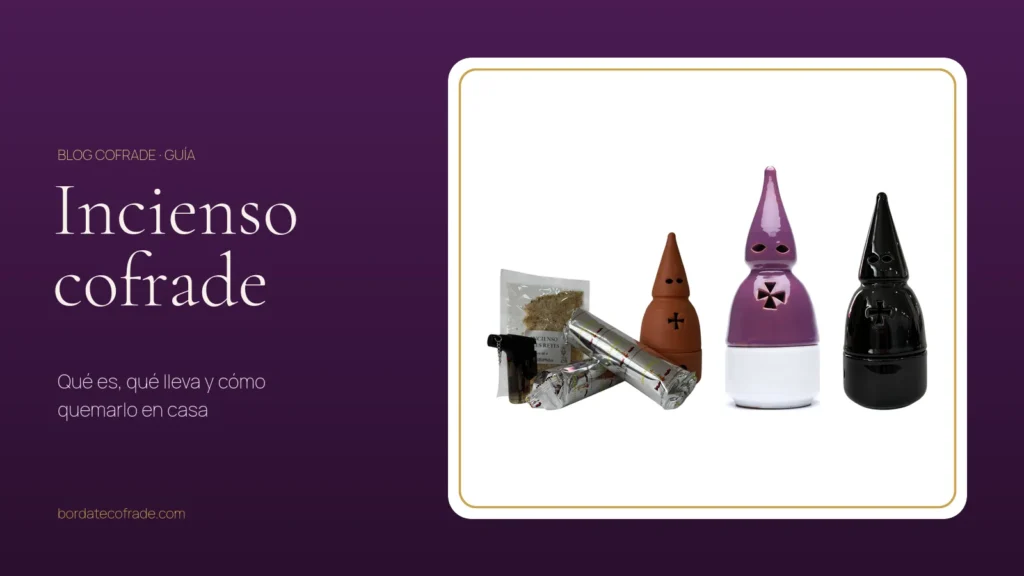 Kit de incensario nazareno con incienso en grano, carbón y soplete junto a incensarios de cerámica morado y negro